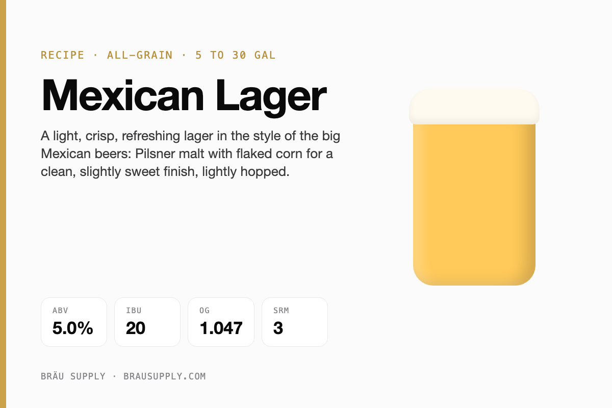 Mexican Lager recipe card: 5.0% ABV, 20 IBU