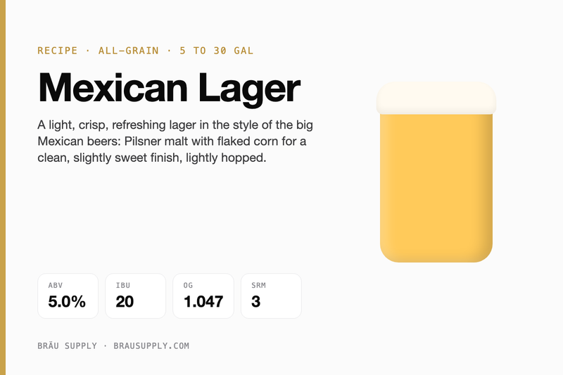 Mexican Lager recipe card: 5.0% ABV, 20 IBU