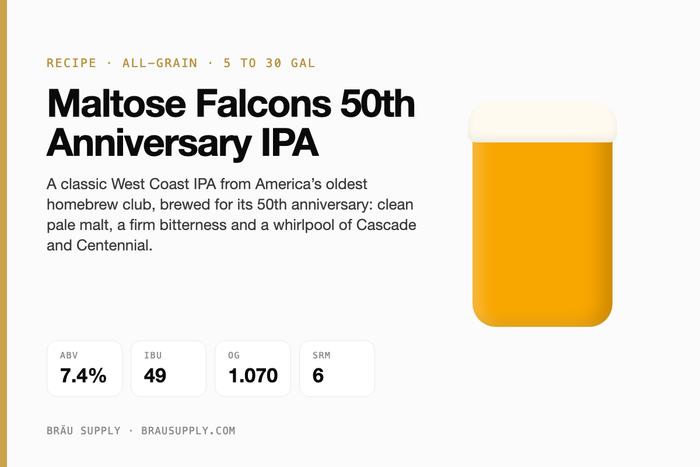 Maltose Falcons 50th Anniversary IPA recipe card: 7.4% ABV, 49 IBU