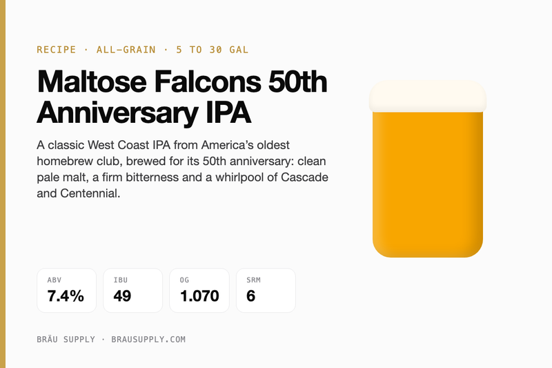 Maltose Falcons 50th Anniversary IPA recipe card: 7.4% ABV, 49 IBU