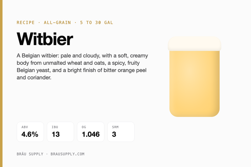 Witbier recipe card: 4.6% ABV, 13 IBU