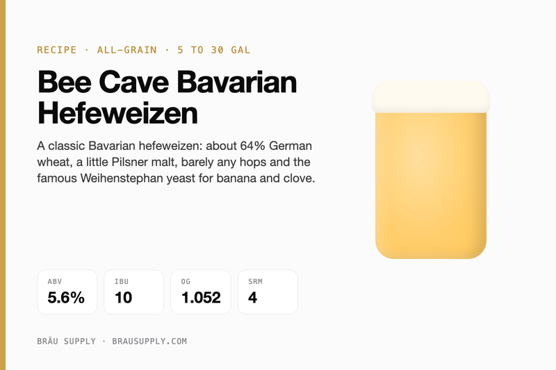 Bee Cave Bavarian Hefeweizen recipe card: 5.6% ABV, 10 IBU