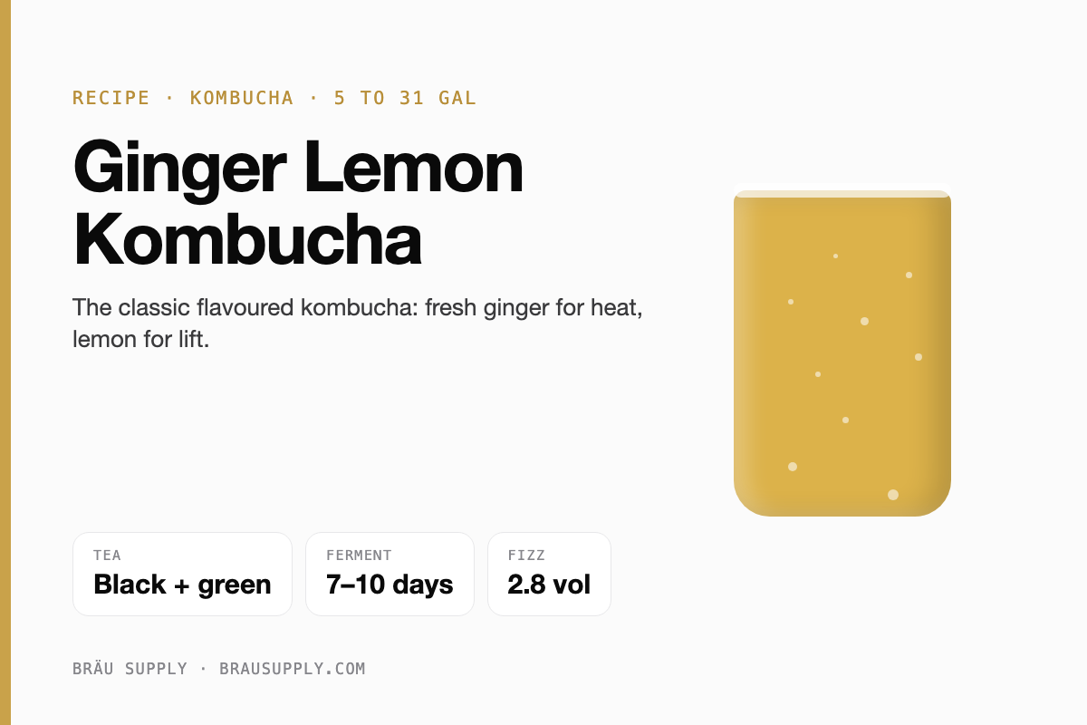 Ginger Lemon Kombucha recipe: half black, half green, 5 to 31 gallons