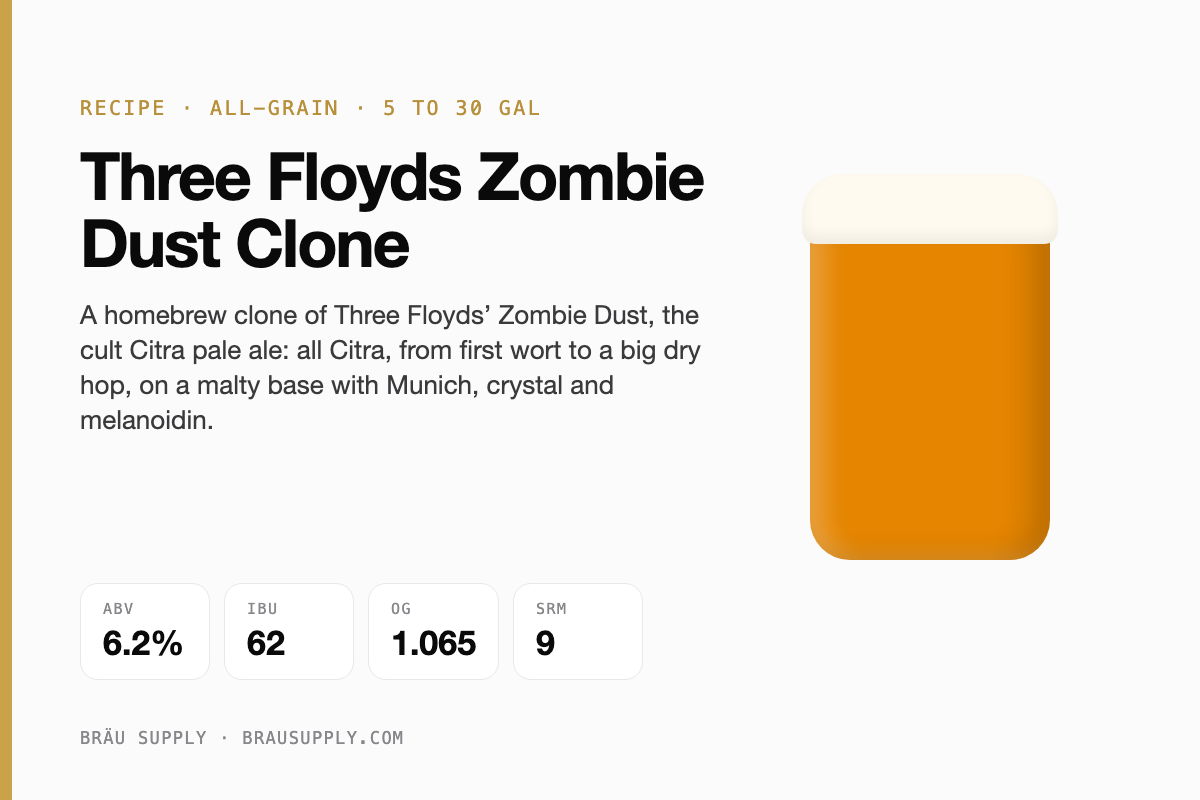 Three Floyds Zombie Dust Clone recipe card: 6.2% ABV, 62 IBU