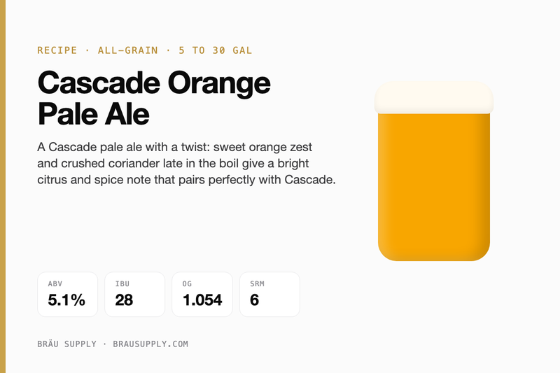 Cascade Orange Pale Ale recipe card: 5.1% ABV, 28 IBU