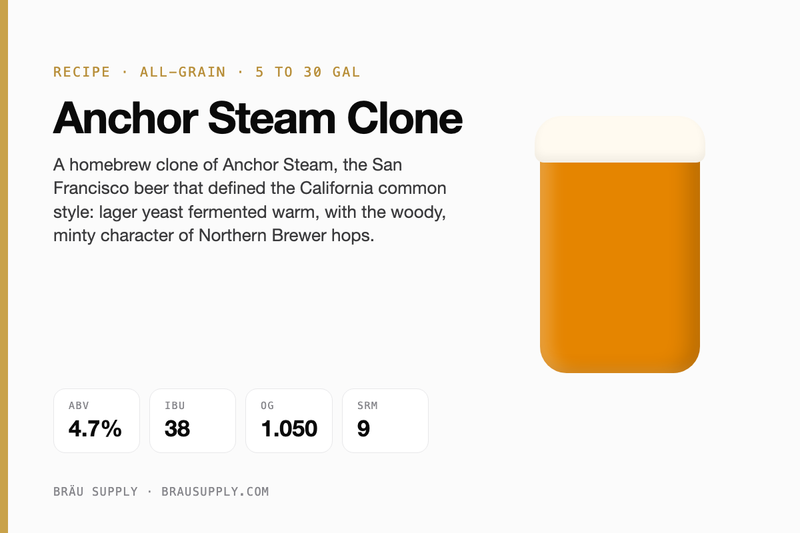 Anchor Steam Clone recipe card: 4.7% ABV, 38 IBU