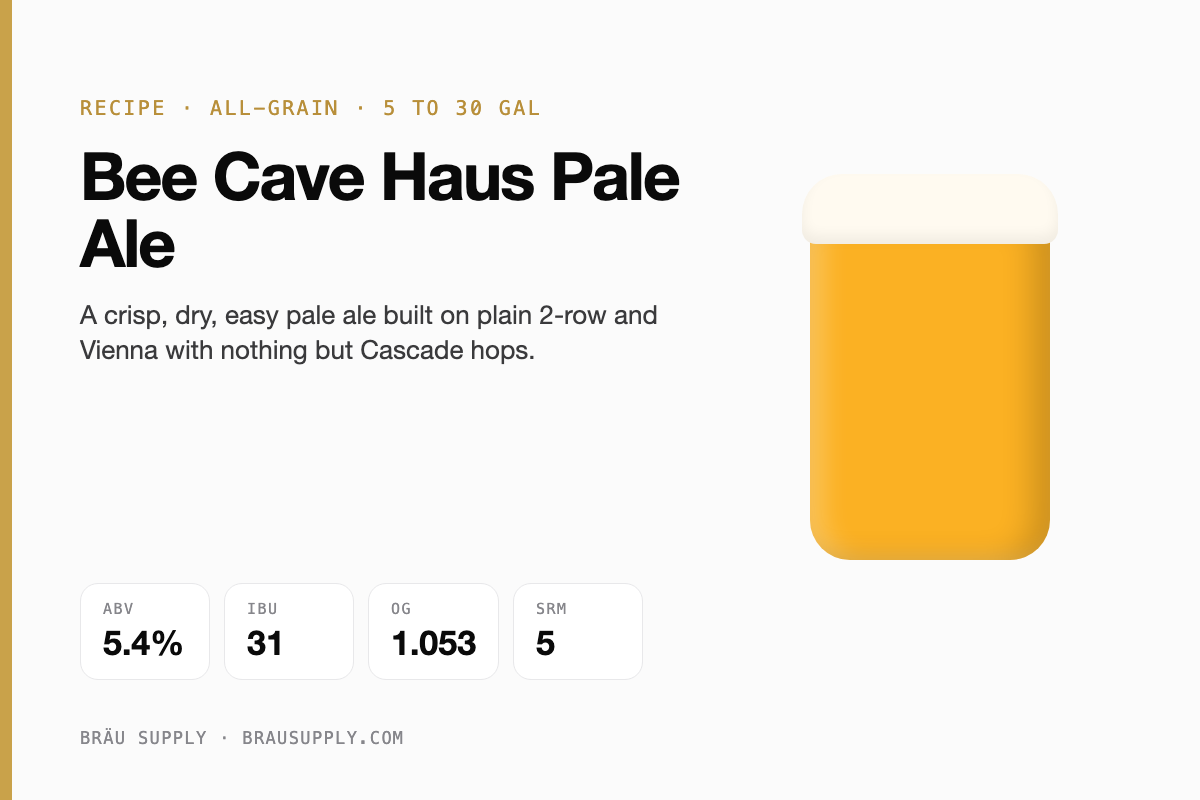 Bee Cave Haus Pale Ale recipe card: 5.4% ABV, 31 IBU