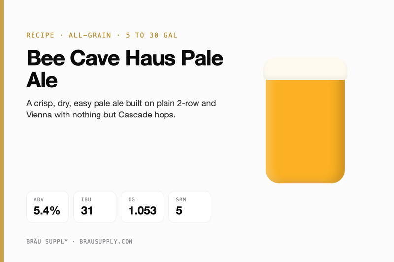 Bee Cave Haus Pale Ale recipe card: 5.4% ABV, 31 IBU