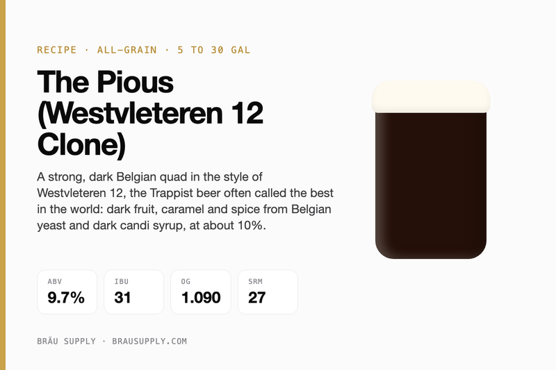 The Pious (Westvleteren 12 Clone) recipe card: 9.7% ABV, 31 IBU