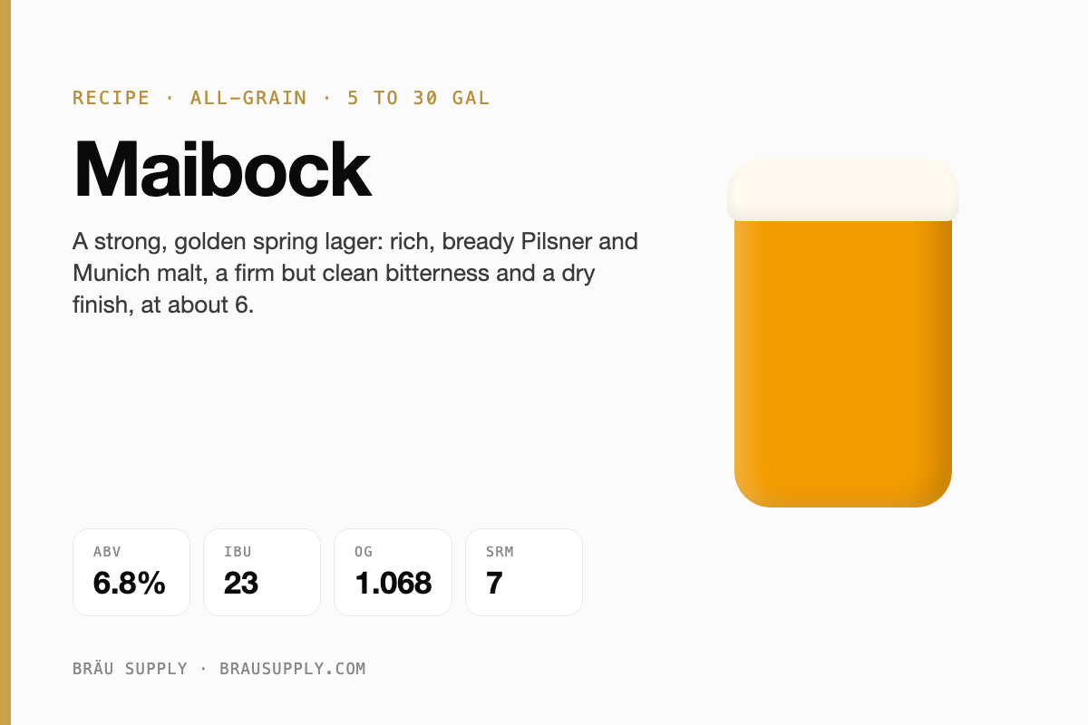 Maibock recipe card: 6.8% ABV, 23 IBU
