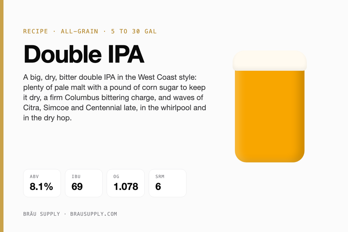 Double IPA recipe card: 8.1% ABV, 69 IBU