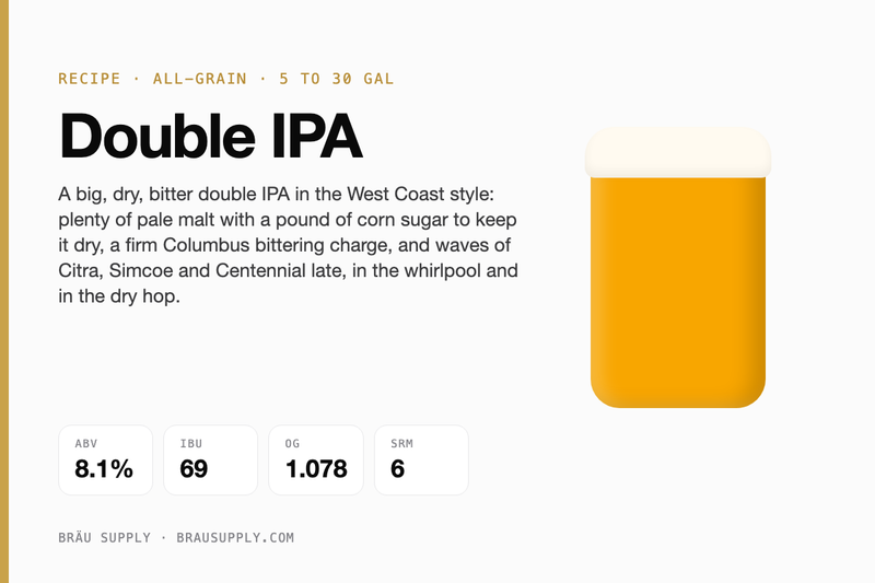 Double IPA recipe card: 8.1% ABV, 69 IBU