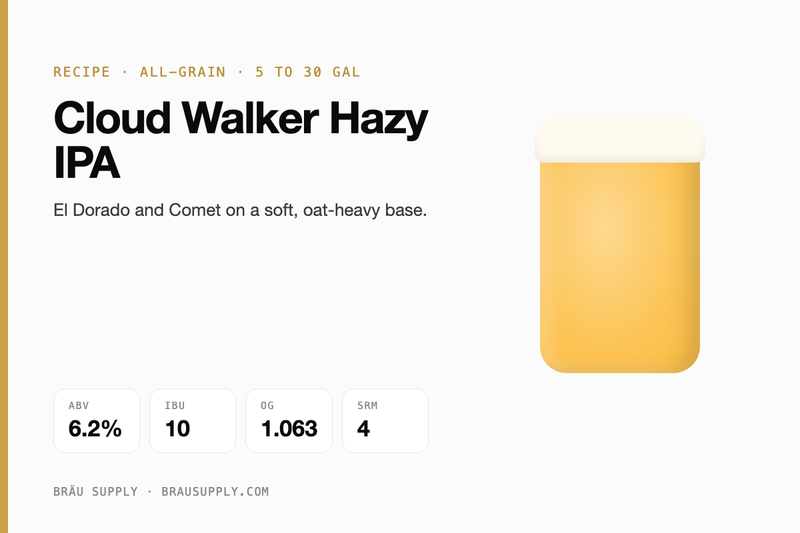 Cloud Walker Hazy IPA recipe card: 6.2% ABV, 10 IBU