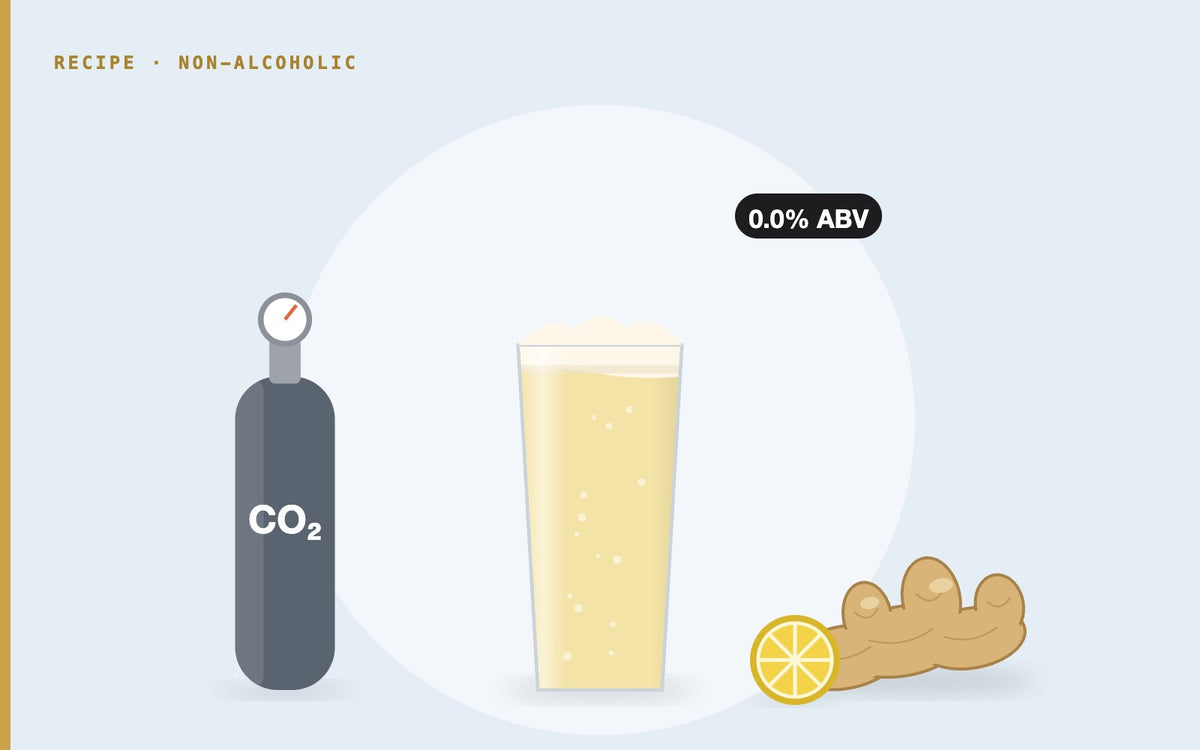 Illustration: non-alcoholic ginger beer carbonated with a CO2 cylinder, with ginger and lemon