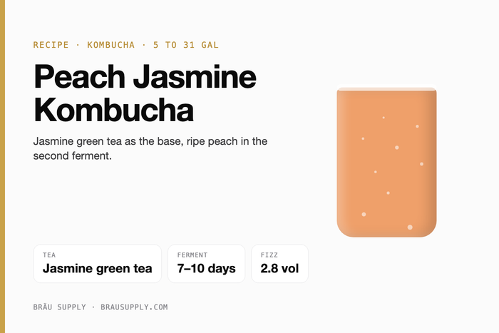 Peach Jasmine Kombucha recipe: jasmine green tea, 5 to 31 gallons