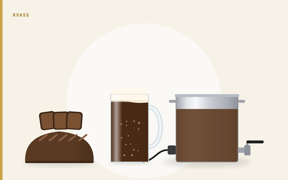 Illustration: a loaf of dark rye bread with toasted slices, a mug of dark kvass and a stainless brew kettle