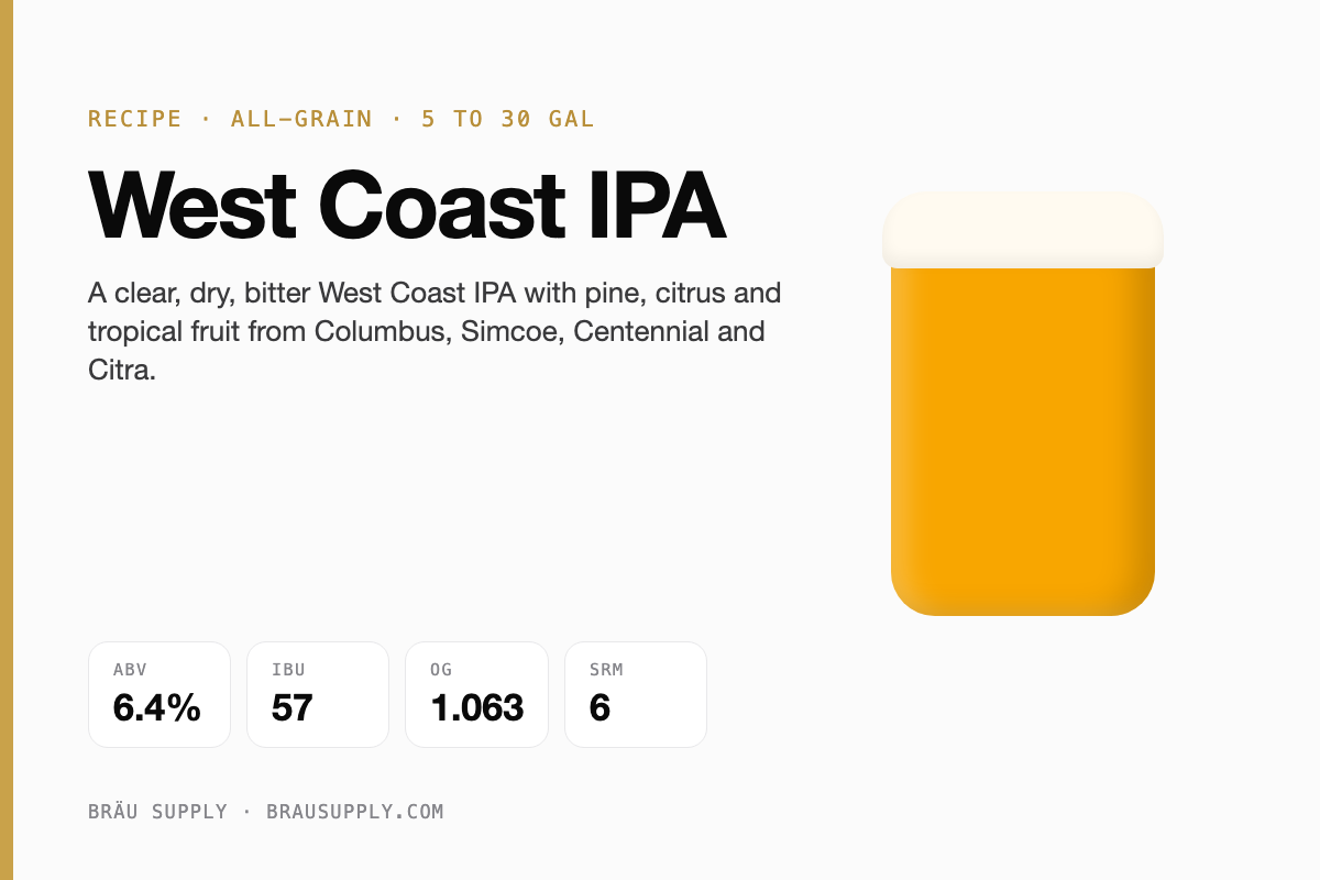 West Coast IPA recipe: 6.4% ABV, 57 IBU