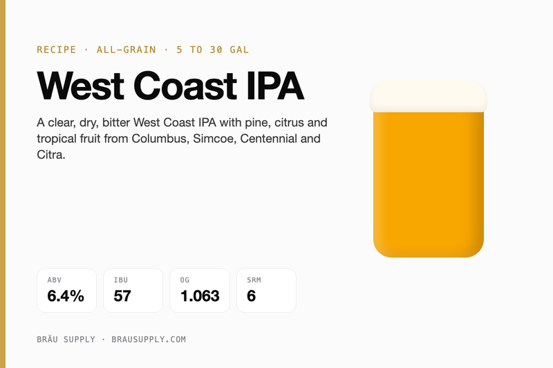 West Coast IPA recipe: 6.4% ABV, 57 IBU