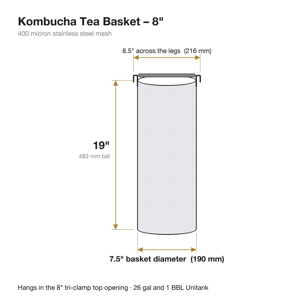 Panier à thé pour kombucha de 8 po : 19 po de haut, panier de 7,5 po de diamètre, 8,5 po d’une patte à l’autre, maille inox de 400 microns